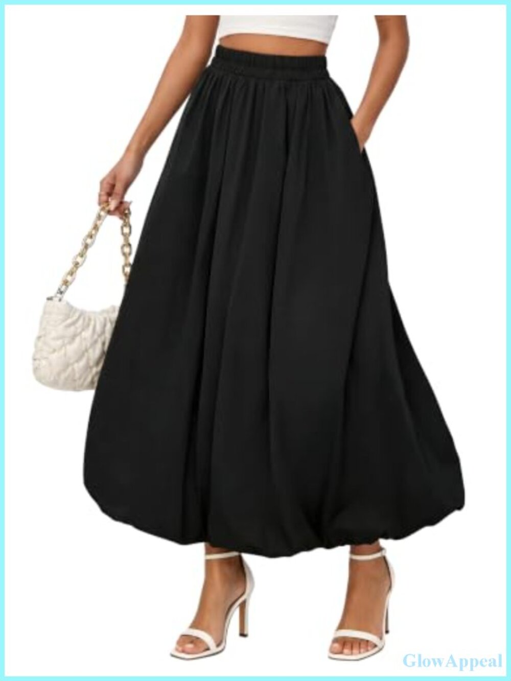 Bubble Maxi Skirt with Pockets Puffy Hem Ruffle Pleated Elastic Waist Long Boho